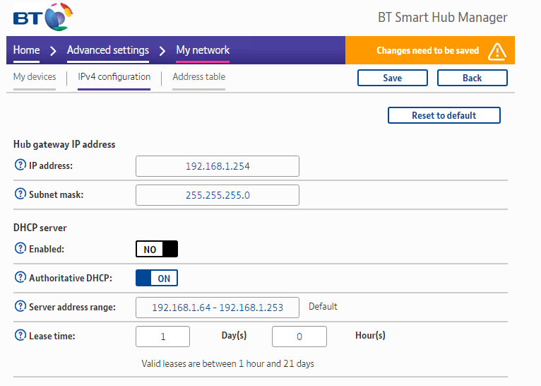 BT Home Hub DHCP server